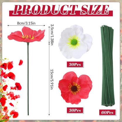 Set of 60 Red, White Poppy Artificial Flowers Silk Fake Poppies Heads with 5.9 inch Flower Branch Remembrance Memorial Veterans Day Decor Bulk Party Halloween Wedding Bouquet DIY