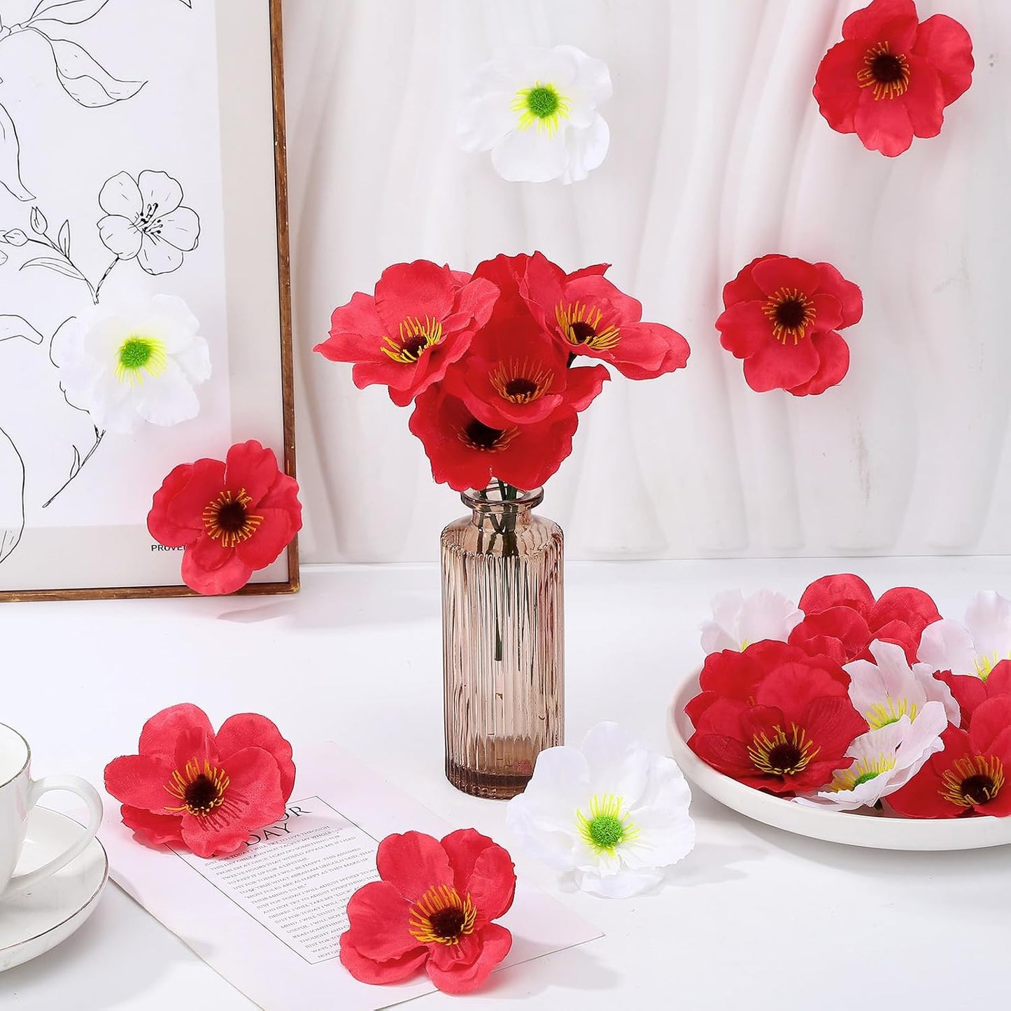 Set of 60 Red, White Poppy Artificial Flowers Silk Fake Poppies Heads with 5.9 inch Flower Branch Remembrance Memorial Veterans Day Decor Bulk Party Halloween Wedding Bouquet DIY
