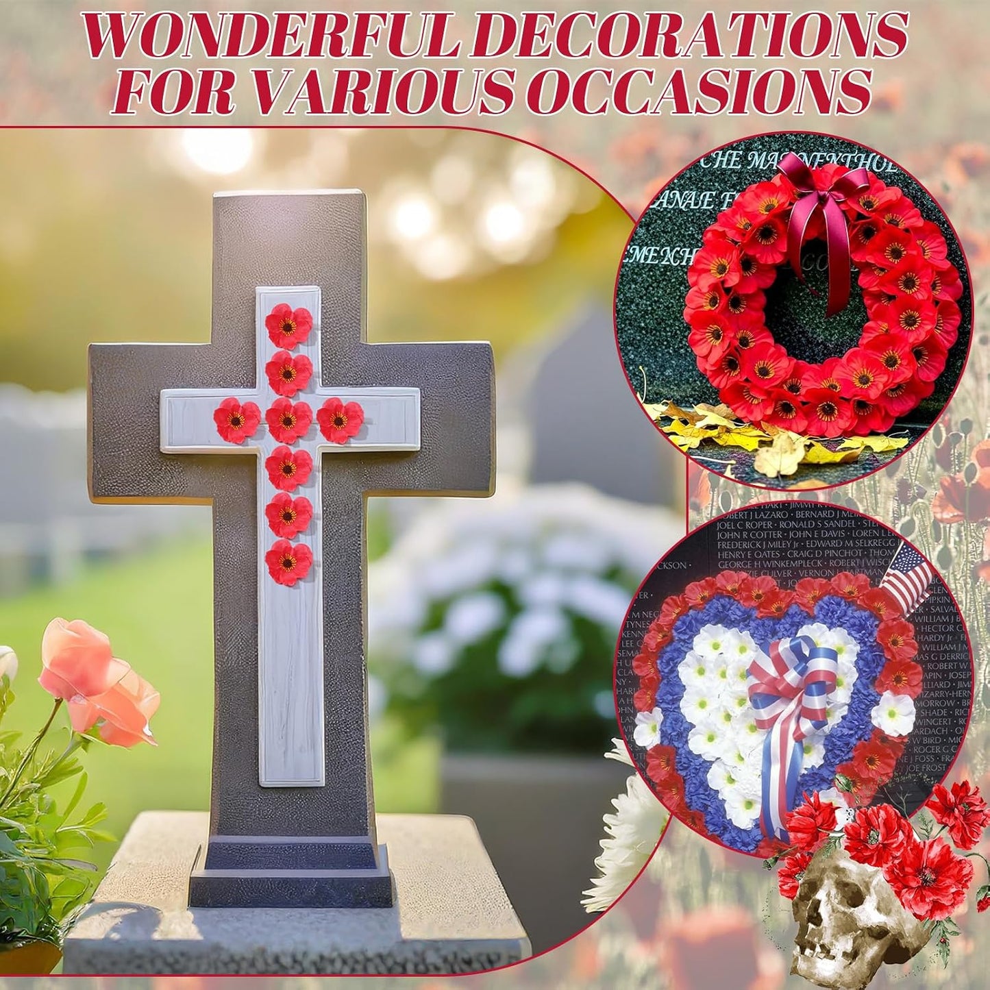 Set of 60 Red, White Poppy Artificial Flowers Silk Fake Poppies Heads with 5.9 inch Flower Branch Remembrance Memorial Veterans Day Decor Bulk Party Halloween Wedding Bouquet DIY