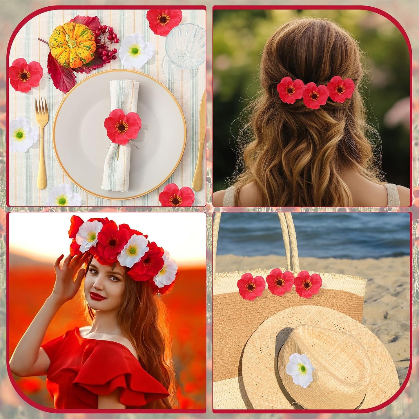Set of 60 Red, White Poppy Artificial Flowers Silk Fake Poppies Heads with 5.9 inch Flower Branch Remembrance Memorial Veterans Day Decor Bulk Party Halloween Wedding Bouquet DIY