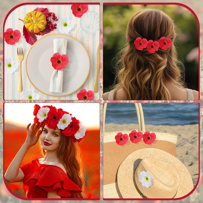 Set of 60 Red, White Poppy Artificial Flowers Silk Fake Poppies Heads with 5.9 inch Flower Branch Remembrance Memorial Veterans Day Decor Bulk Party Halloween Wedding Bouquet DIY