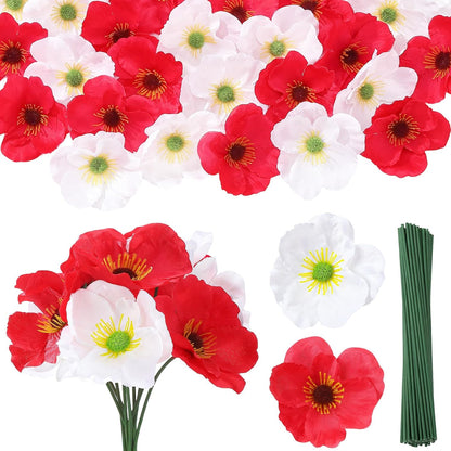 Set of 60 Red, White Poppy Artificial Flowers Silk Fake Poppies Heads with 5.9 inch Flower Branch Remembrance Memorial Veterans Day Decor Bulk Party Halloween Wedding Bouquet DIY
