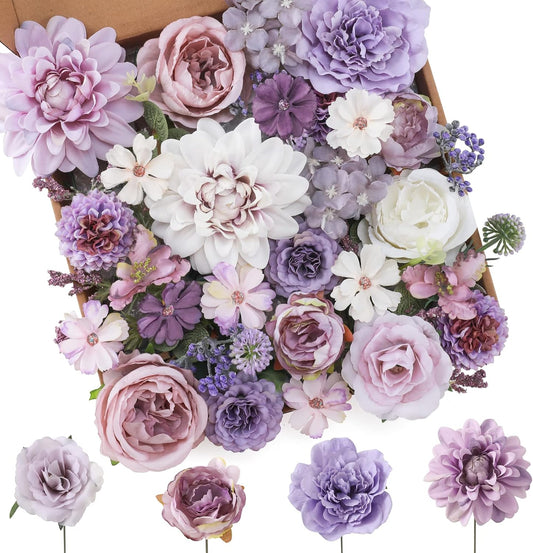 Floweroyal Artificial Flowers Combo Purple Flowers Mix Silk Flowers Dahlia Roses with Stems for DIY Wedding Bridal Bouquets, Baby Shower, Floral Arrangement, Table Centerpieces, Home Decorations. - Colors A