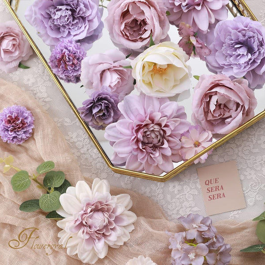 Floweroyal Artificial Flowers Combo Purple Flowers Mix Silk Flowers Dahlia Roses with Stems for DIY Wedding Bridal Bouquets, Baby Shower, Floral Arrangement, Table Centerpieces, Home Decorations. - Colors A