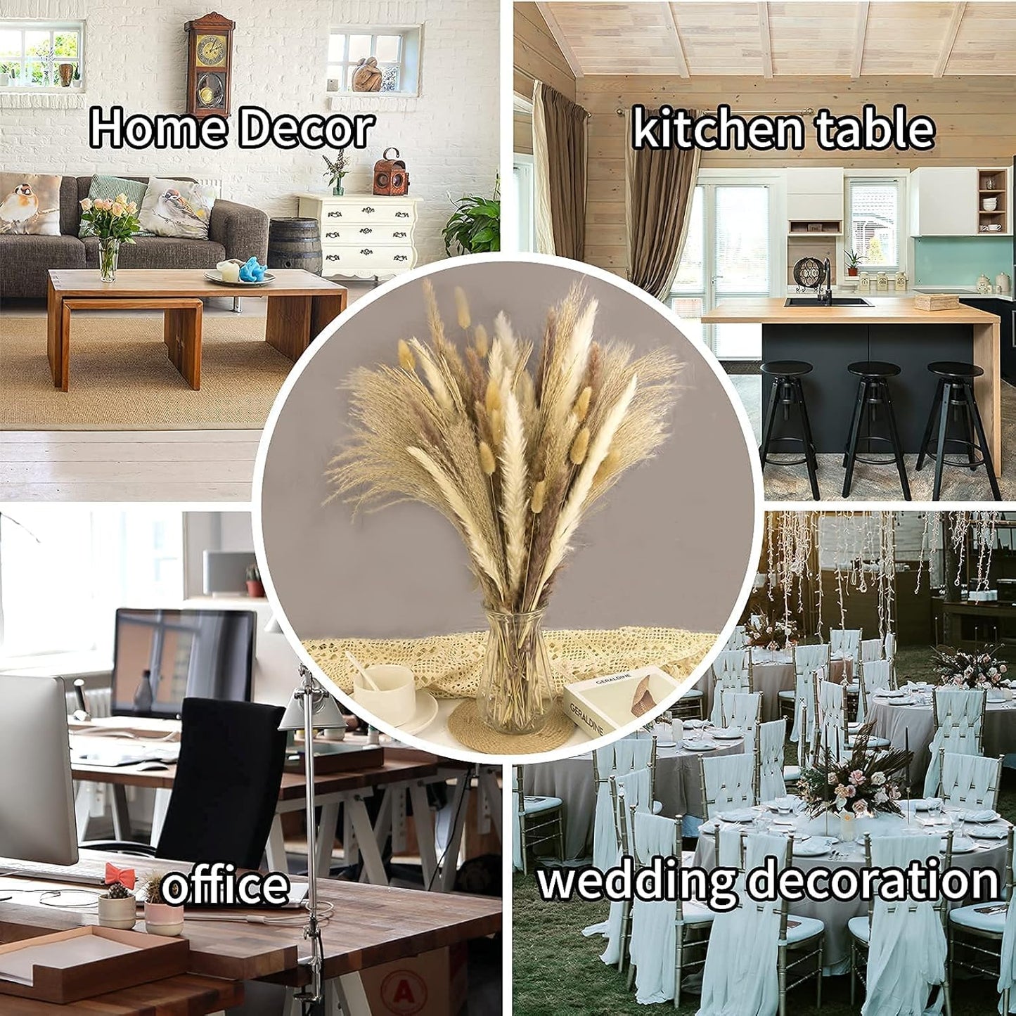 Dried Pampas Grass Decor, 100 Stems Pampas Grass Contains Bunny Tails Dried Flowers, Reed Grass Bouquet for Wedding Boho Flowers Home Table Decor, Rustic Farmhouse Party (17", White and Brown)