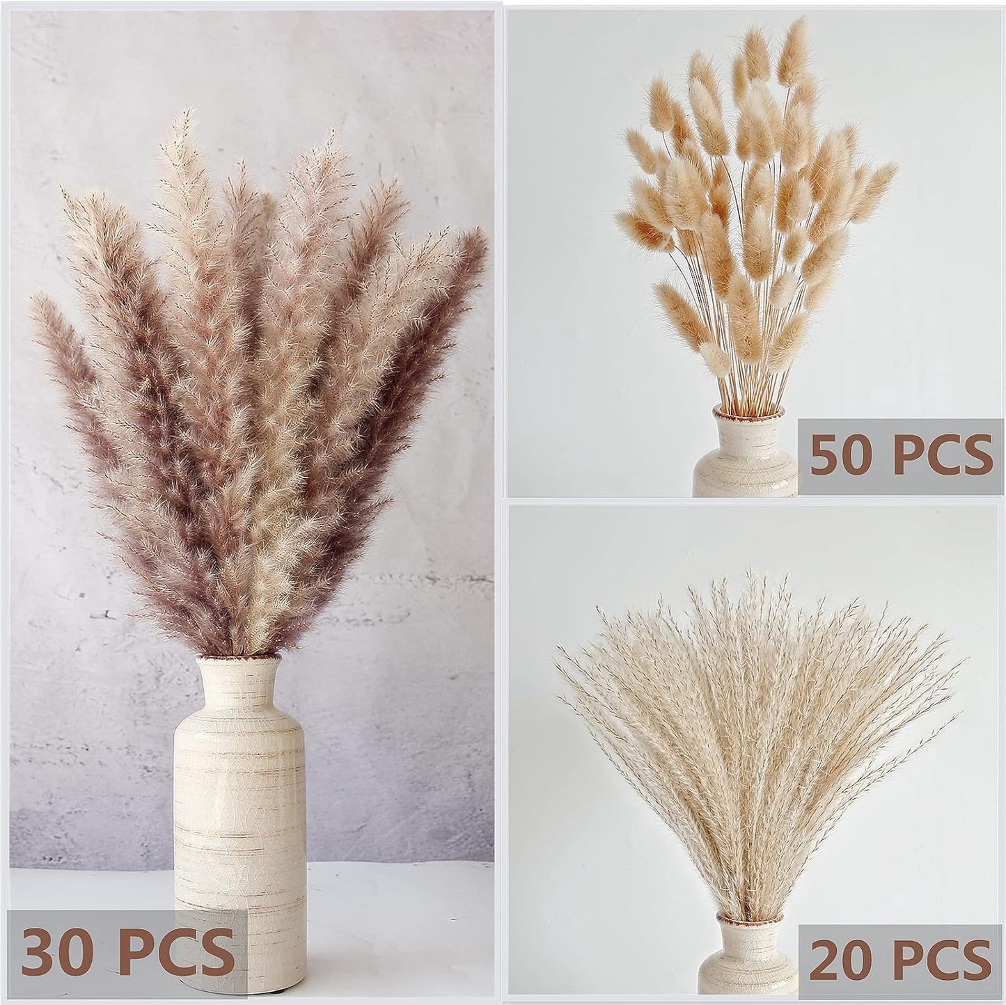 Dried Pampas Grass Decor, 100 Stems Pampas Grass Contains Bunny Tails Dried Flowers, Reed Grass Bouquet for Wedding Boho Flowers Home Table Decor, Rustic Farmhouse Party (17", White and Brown)