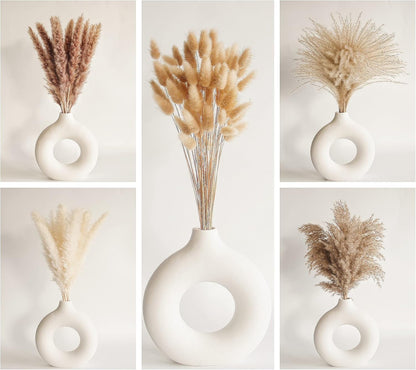 Dried Pampas Grass Decor, 100 Stems Pampas Grass Contains Bunny Tails Dried Flowers, Reed Grass Bouquet for Wedding Boho Flowers Home Table Decor, Rustic Farmhouse Party (17", White and Brown)