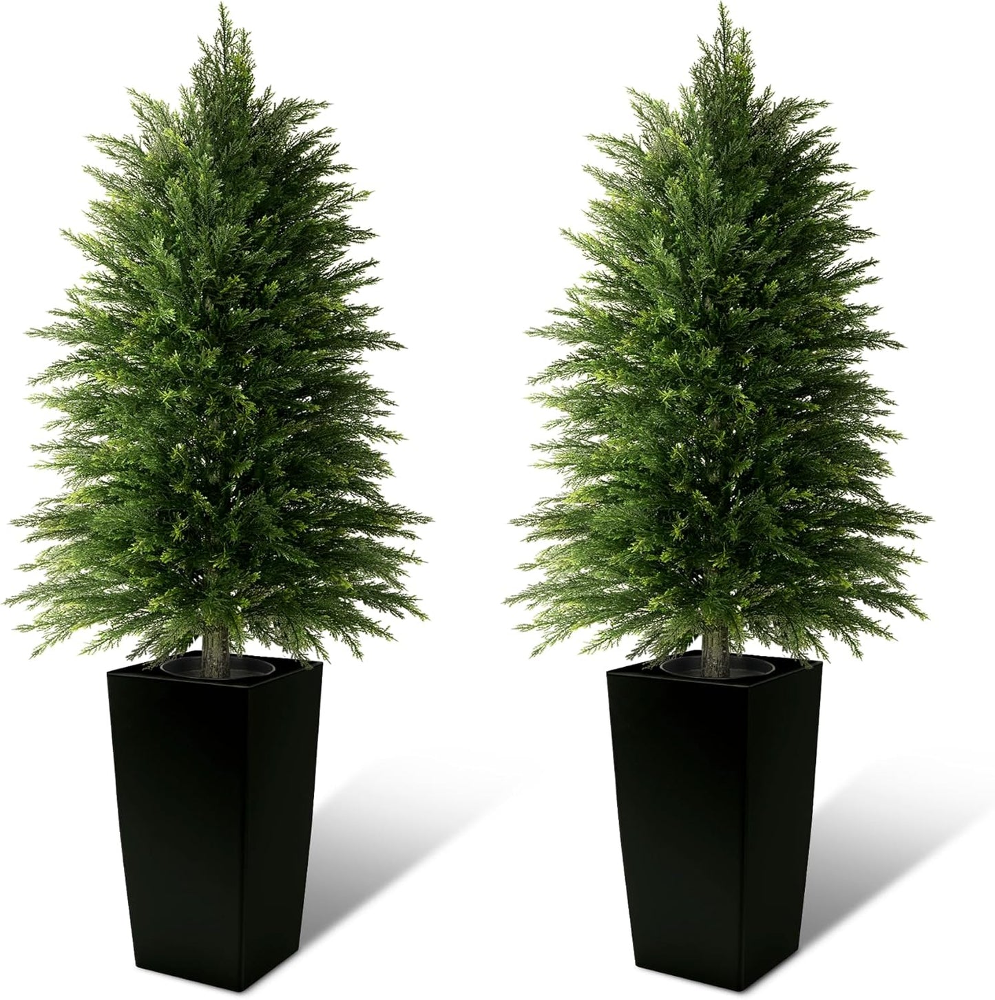 5FT Tall 2 Pack Artificial Cedar Topiary Trees with Compact Pyramidal Shape, Realistic Faux Cypress in Square Black Pot with Fillable Water Bag, Outdoor Evergreen for Front Porch Garden Home Decor