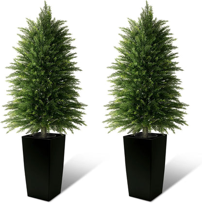 5FT Tall 2 Pack Artificial Cedar Topiary Trees with Compact Pyramidal Shape, Realistic Faux Cypress in Square Black Pot with Fillable Water Bag, Outdoor Evergreen for Front Porch Garden Home Decor
