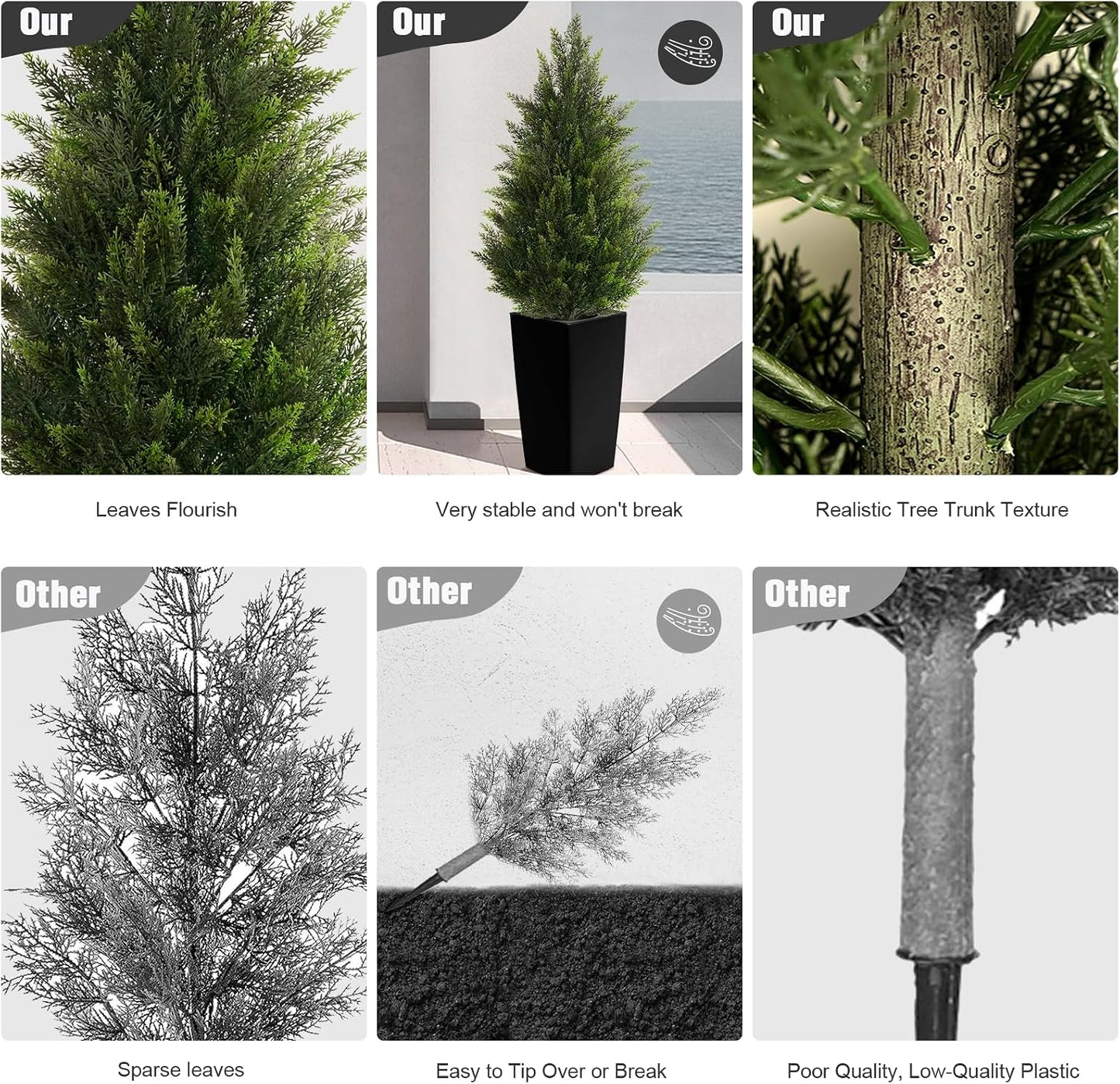 5FT Tall 2 Pack Artificial Cedar Topiary Trees with Compact Pyramidal Shape, Realistic Faux Cypress in Square Black Pot with Fillable Water Bag, Outdoor Evergreen for Front Porch Garden Home Decor