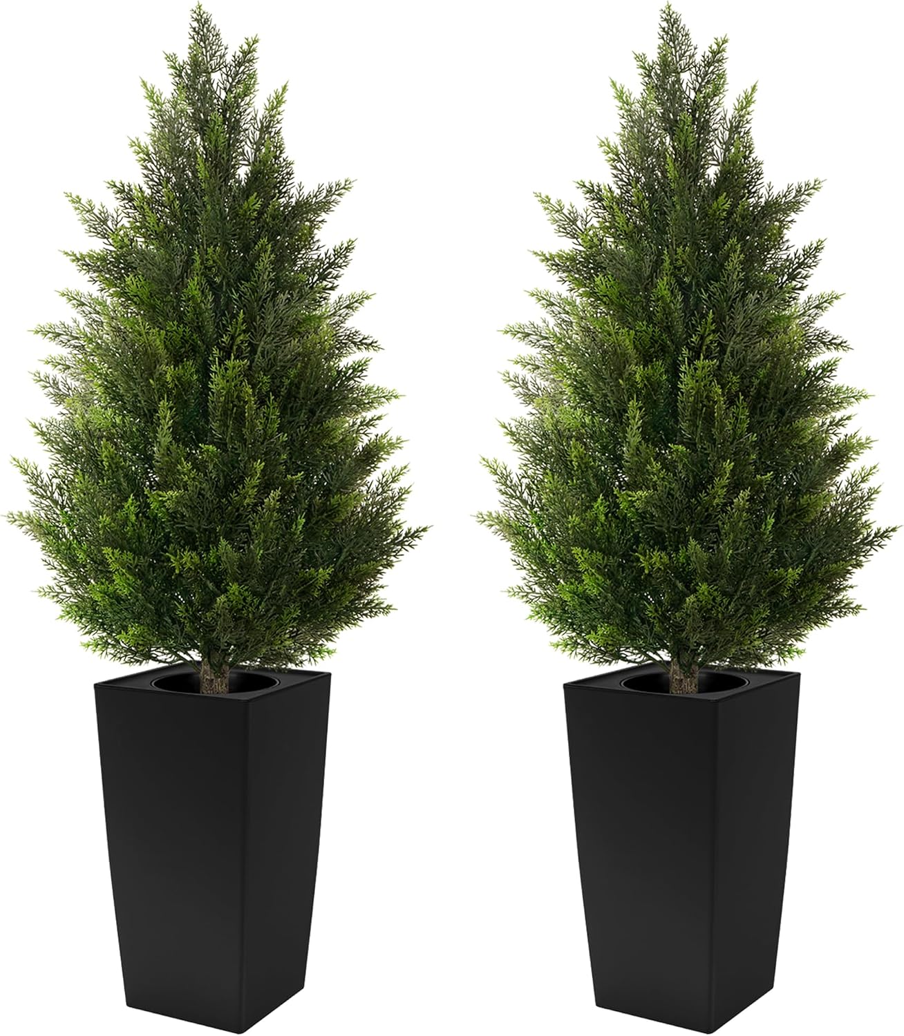 5FT Tall 2 Pack Artificial Cedar Topiary Trees with Compact Pyramidal Shape, Realistic Faux Cypress in Square Black Pot with Fillable Water Bag, Outdoor Evergreen for Front Porch Garden Home Decor