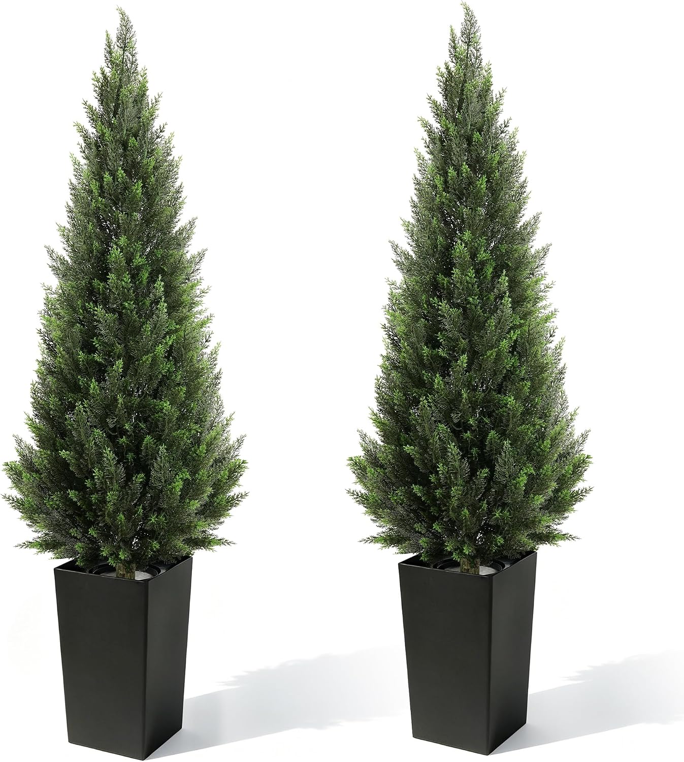 5FT Tall 2 Pack Artificial Cedar Topiary Trees with Compact Pyramidal Shape, Realistic Faux Cypress in Square Black Pot with Fillable Water Bag, Outdoor Evergreen for Front Porch Garden Home Decor