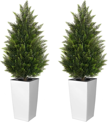 5FT Tall 2 Pack Artificial Cedar Topiary Trees with Compact Pyramidal Shape, Realistic Faux Cypress in Square Black Pot with Fillable Water Bag, Outdoor Evergreen for Front Porch Garden Home Decor