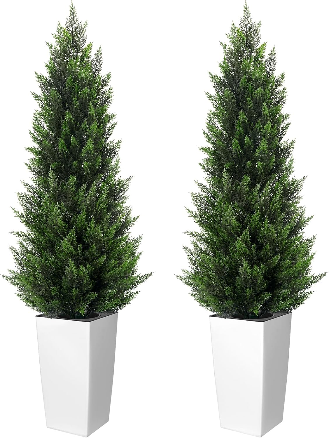 5FT Tall 2 Pack Artificial Cedar Topiary Trees with Compact Pyramidal Shape, Realistic Faux Cypress in Square Black Pot with Fillable Water Bag, Outdoor Evergreen for Front Porch Garden Home Decor