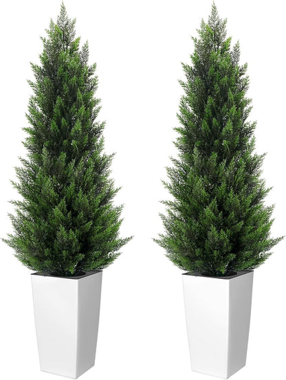 5FT Tall 2 Pack Artificial Cedar Topiary Trees with Compact Pyramidal Shape, Realistic Faux Cypress in Square Black Pot with Fillable Water Bag, Outdoor Evergreen for Front Porch Garden Home Decor