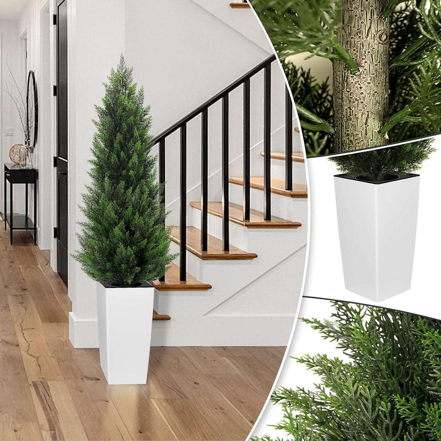 5FT Tall 2 Pack Artificial Cedar Topiary Trees with Compact Pyramidal Shape, Realistic Faux Cypress in Square Black Pot with Fillable Water Bag, Outdoor Evergreen for Front Porch Garden Home Decor