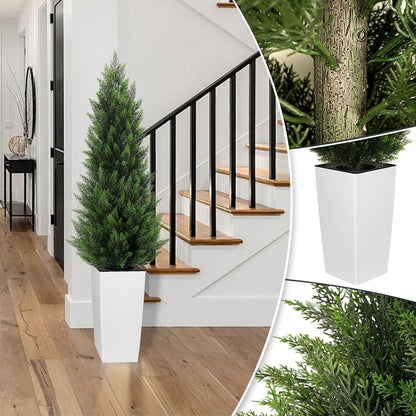 5FT Tall 2 Pack Artificial Cedar Topiary Trees with Compact Pyramidal Shape, Realistic Faux Cypress in Square Black Pot with Fillable Water Bag, Outdoor Evergreen for Front Porch Garden Home Decor