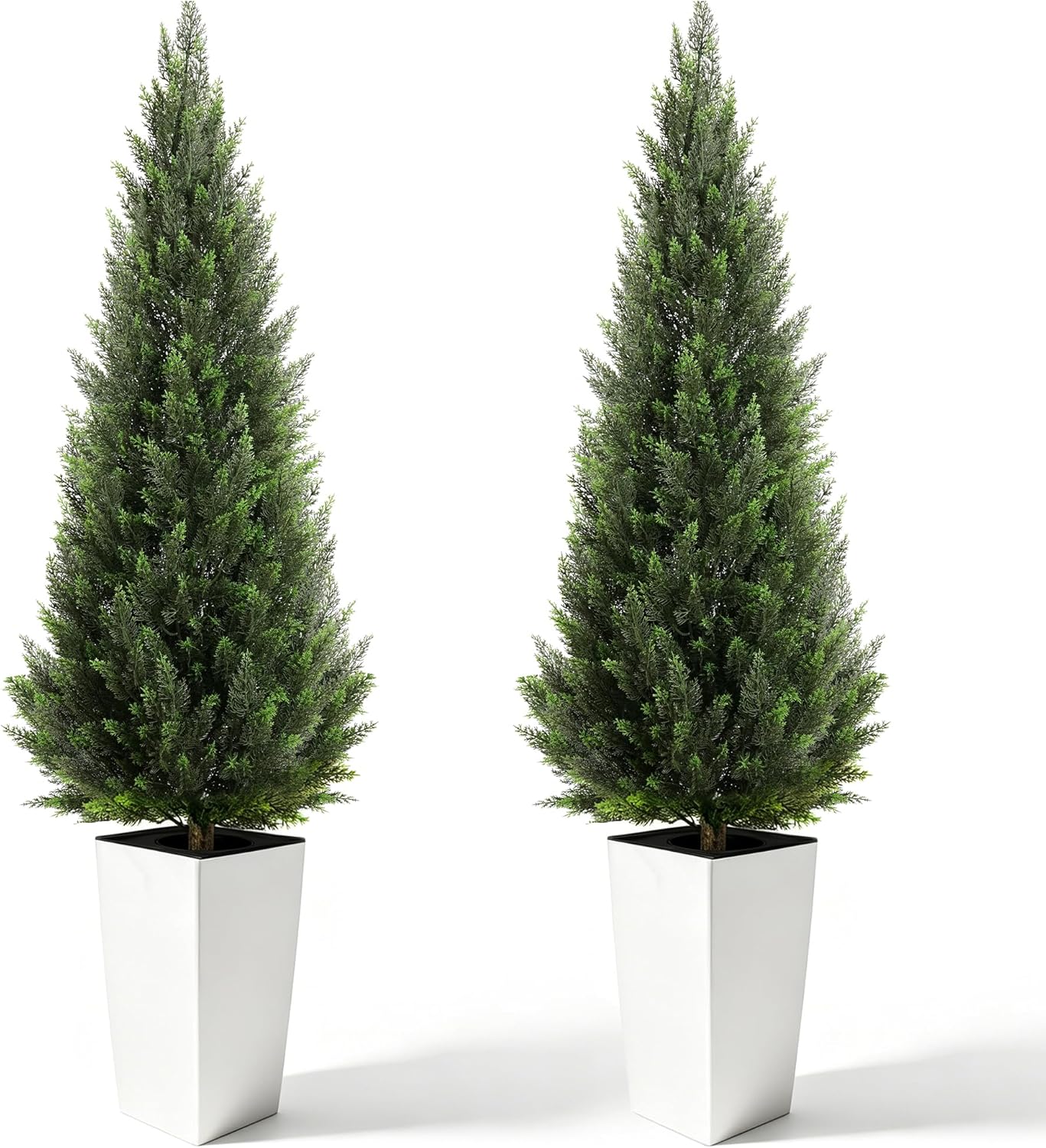 5FT Tall 2 Pack Artificial Cedar Topiary Trees with Compact Pyramidal Shape, Realistic Faux Cypress in Square Black Pot with Fillable Water Bag, Outdoor Evergreen for Front Porch Garden Home Decor