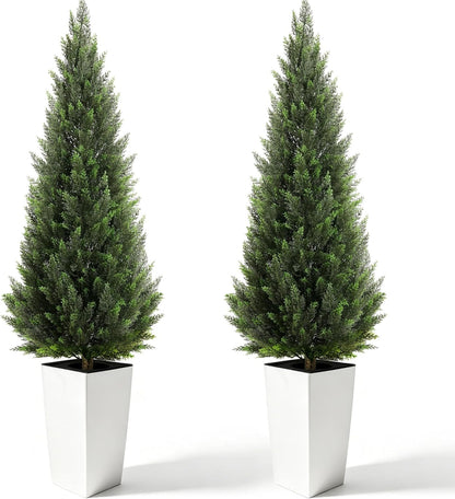 5FT Tall 2 Pack Artificial Cedar Topiary Trees with Compact Pyramidal Shape, Realistic Faux Cypress in Square Black Pot with Fillable Water Bag, Outdoor Evergreen for Front Porch Garden Home Decor