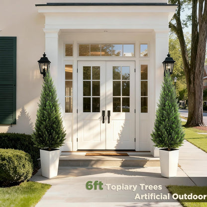 5FT Tall 2 Pack Artificial Cedar Topiary Trees with Compact Pyramidal Shape, Realistic Faux Cypress in Square Black Pot with Fillable Water Bag, Outdoor Evergreen for Front Porch Garden Home Decor