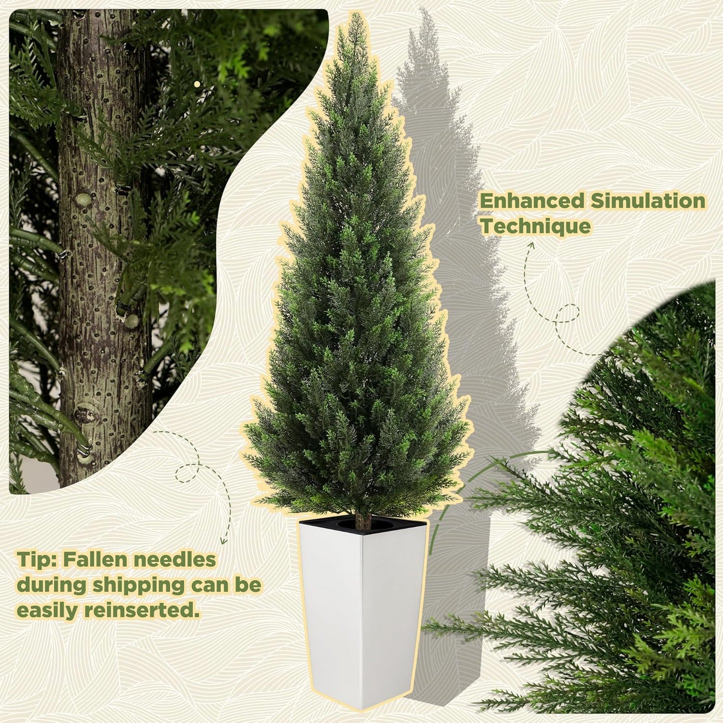 5FT Tall 2 Pack Artificial Cedar Topiary Trees with Compact Pyramidal Shape, Realistic Faux Cypress in Square Black Pot with Fillable Water Bag, Outdoor Evergreen for Front Porch Garden Home Decor