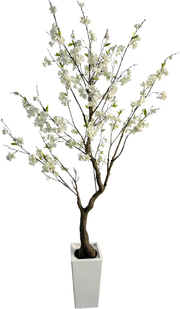 6.7FT White Cherry Blossom Tree with Planter, Indoor Outdoor Decor | Lifelike white sakura flowers, flexible branches, fade-resistant silk, low maintenance for home, office, porch & patio decor