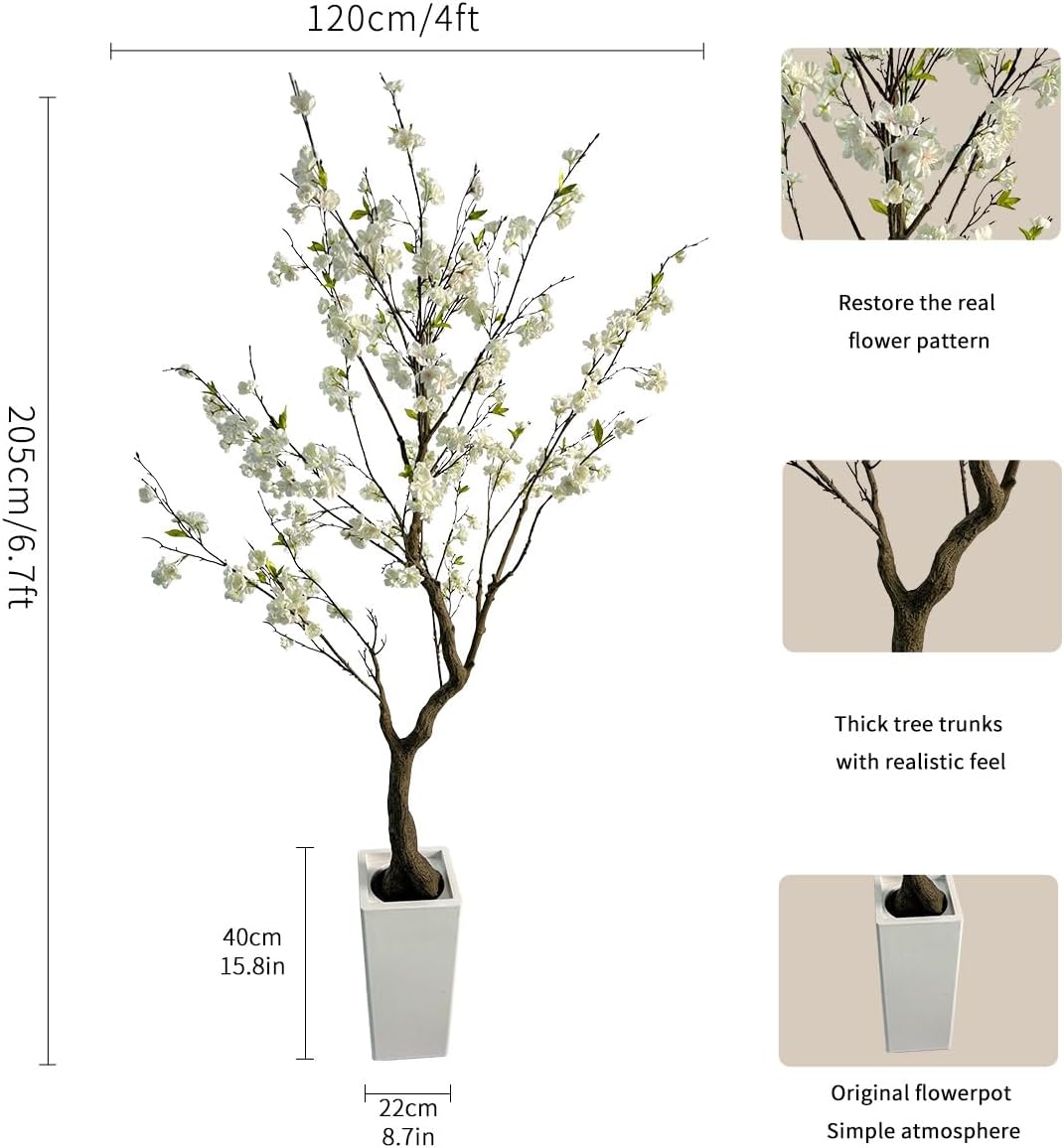 6.7FT White Cherry Blossom Tree with Planter, Indoor Outdoor Decor | Lifelike white sakura flowers, flexible branches, fade-resistant silk, low maintenance for home, office, porch & patio decor