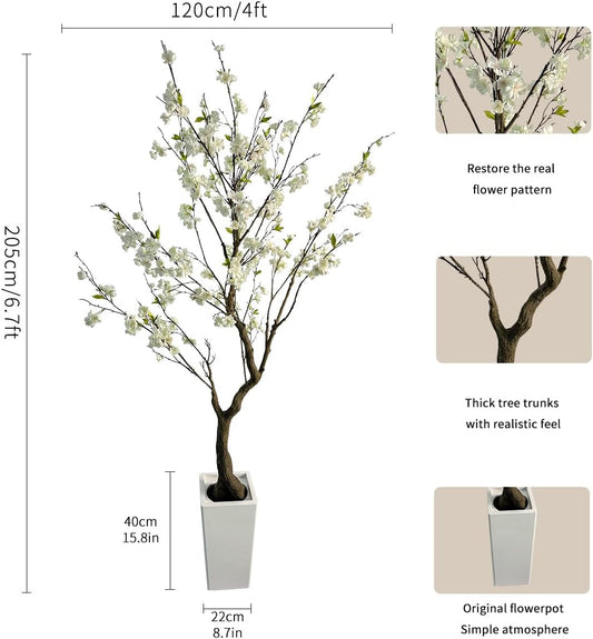 6.7FT White Cherry Blossom Tree with Planter, Indoor Outdoor Decor | Lifelike white sakura flowers, flexible branches, fade-resistant silk, low maintenance for home, office, porch & patio decor