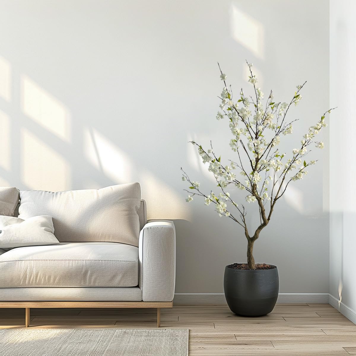 6.7FT White Cherry Blossom Tree with Planter, Indoor Outdoor Decor | Lifelike white sakura flowers, flexible branches, fade-resistant silk, low maintenance for home, office, porch & patio decor
