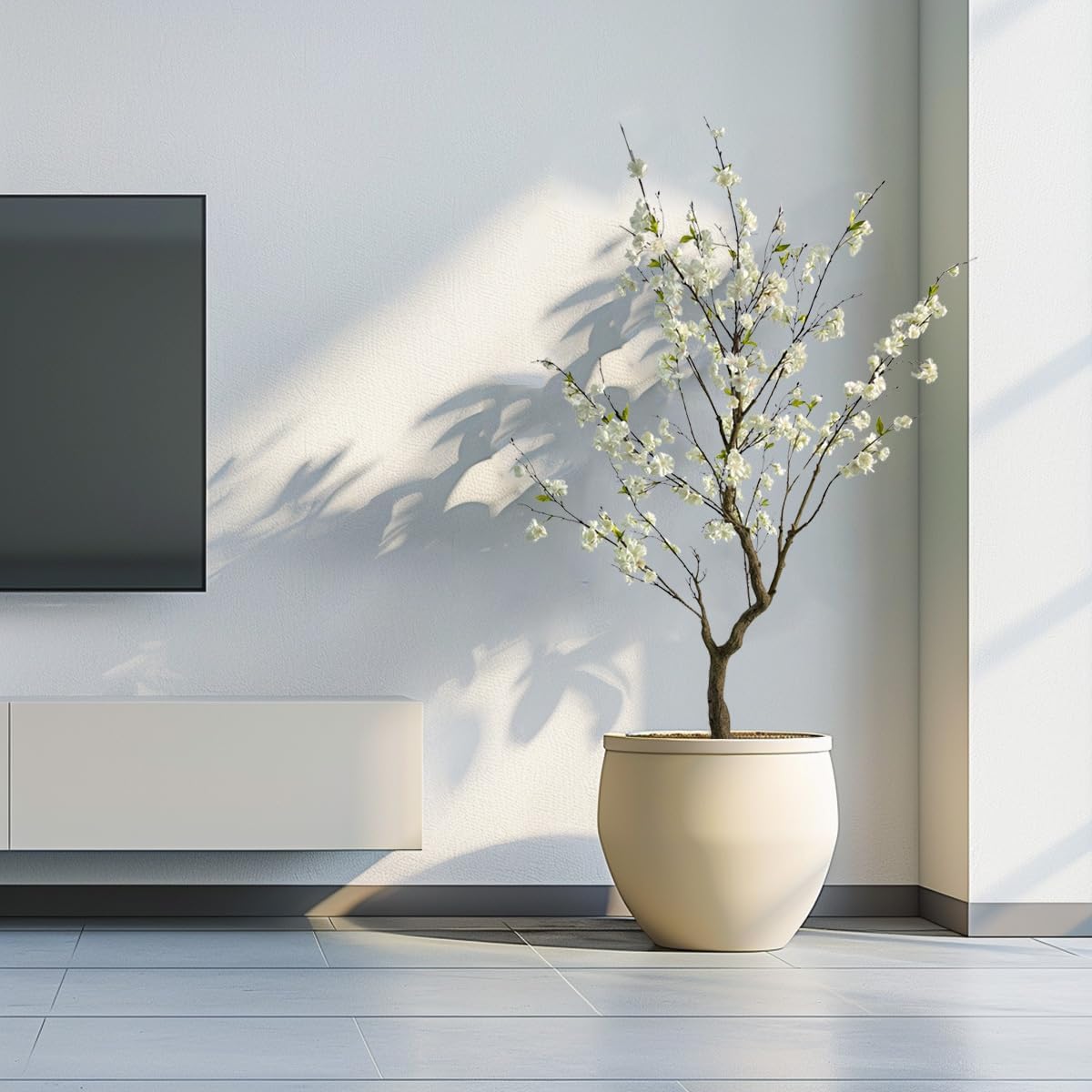 6.7FT White Cherry Blossom Tree with Planter, Indoor Outdoor Decor | Lifelike white sakura flowers, flexible branches, fade-resistant silk, low maintenance for home, office, porch & patio decor