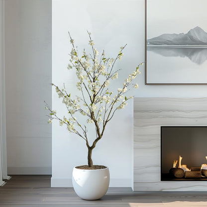 6.7FT White Cherry Blossom Tree with Planter, Indoor Outdoor Decor | Lifelike white sakura flowers, flexible branches, fade-resistant silk, low maintenance for home, office, porch & patio decor