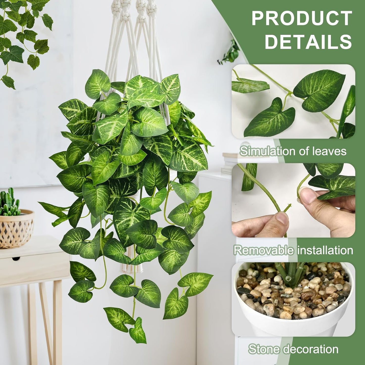 2 Pack Artificial Hanging Plants with White Pots 23.6'' | Fake Pothos Potted Plants Faux Ivy Vines Realistic Greenery Hanging Fakeplants Indoor for Home Decor, Bathroom, Office