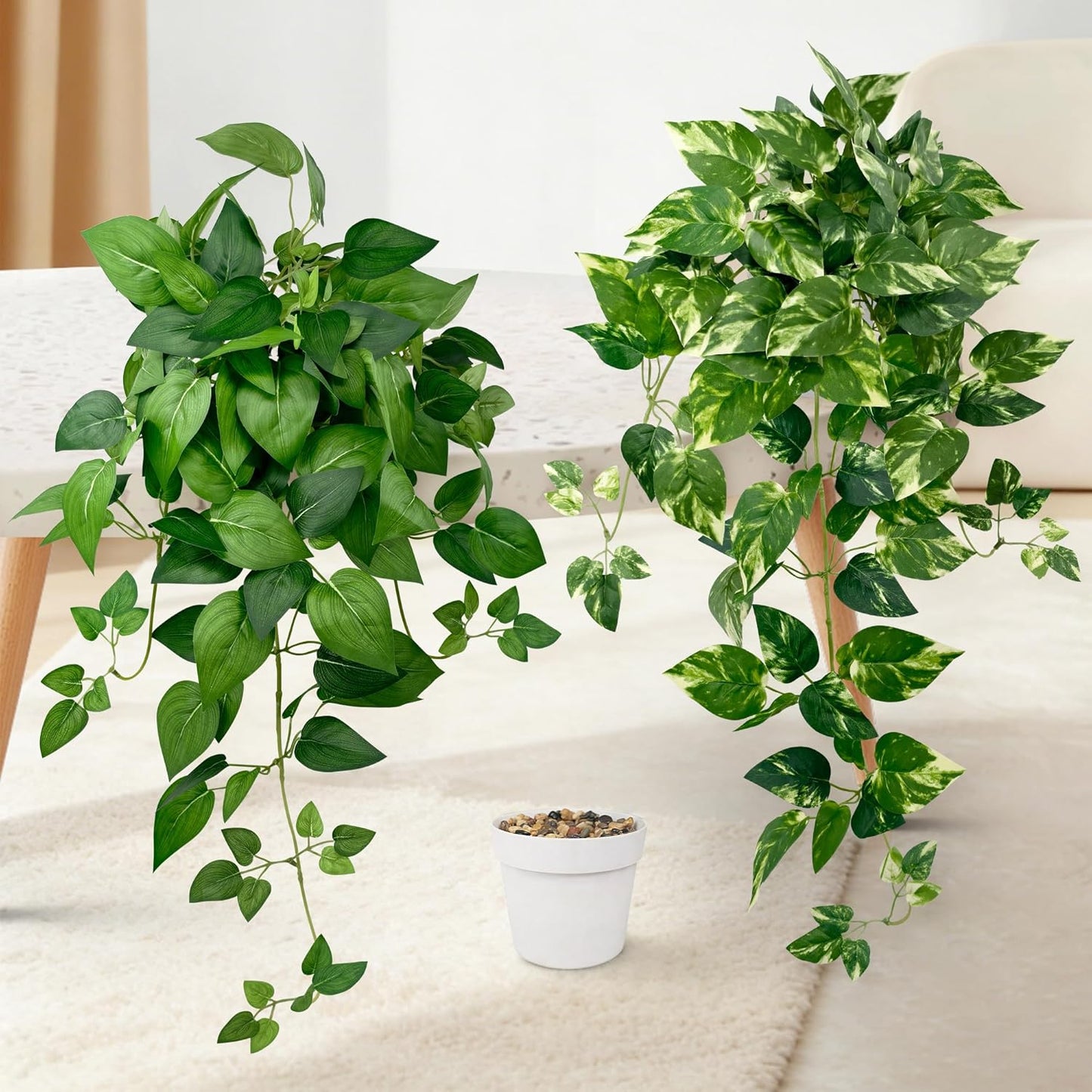 2 Pack Artificial Hanging Plants with White Pots 23.6'' | Fake Pothos Potted Plants Faux Ivy Vines Realistic Greenery Hanging Fakeplants Indoor for Home Decor, Bathroom, Office