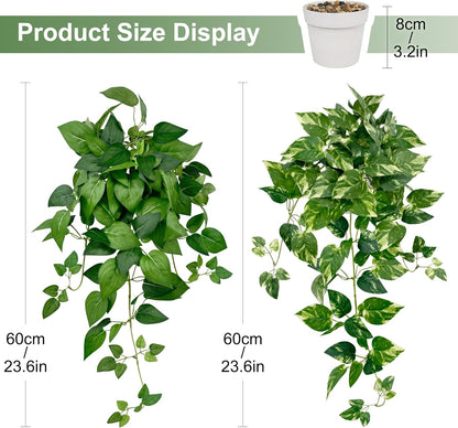 2 Pack Artificial Hanging Plants with White Pots 23.6'' | Fake Pothos Potted Plants Faux Ivy Vines Realistic Greenery Hanging Fakeplants Indoor for Home Decor, Bathroom, Office