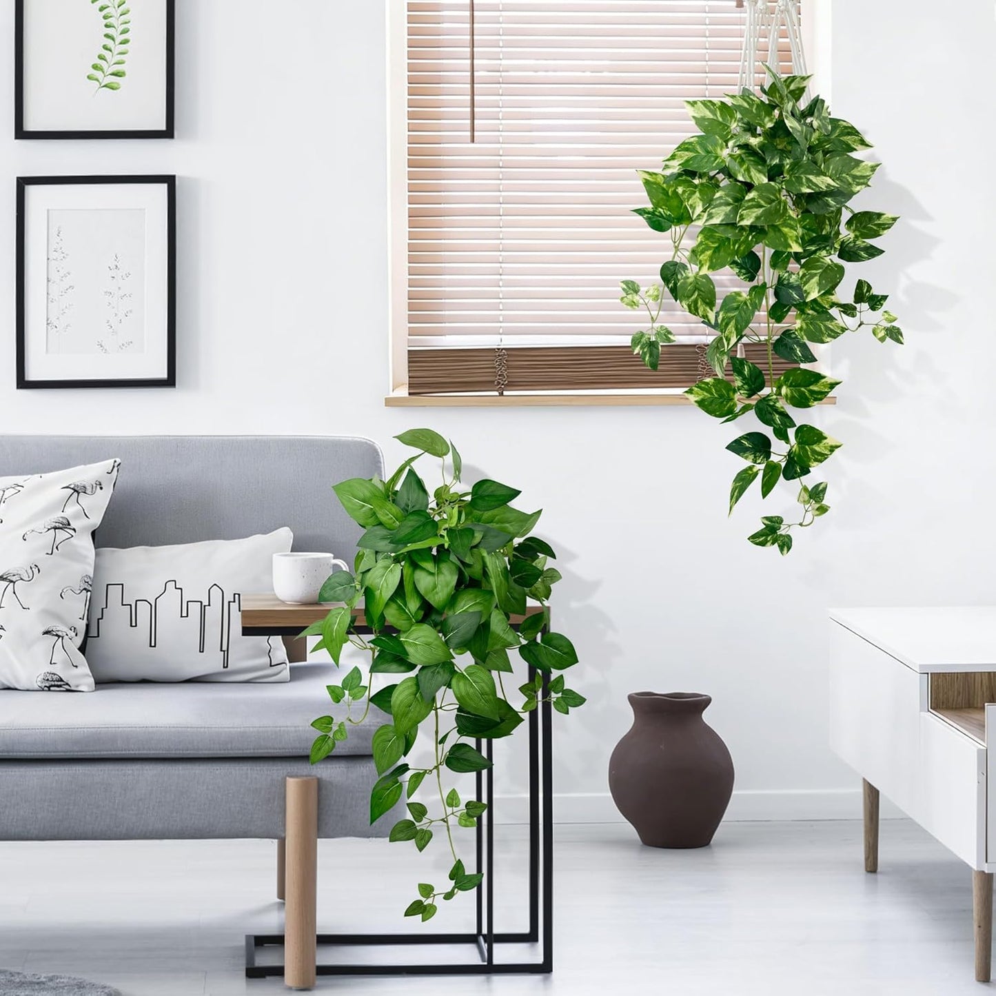 2 Pack Artificial Hanging Plants with White Pots 23.6'' | Fake Pothos Potted Plants Faux Ivy Vines Realistic Greenery Hanging Fakeplants Indoor for Home Decor, Bathroom, Office