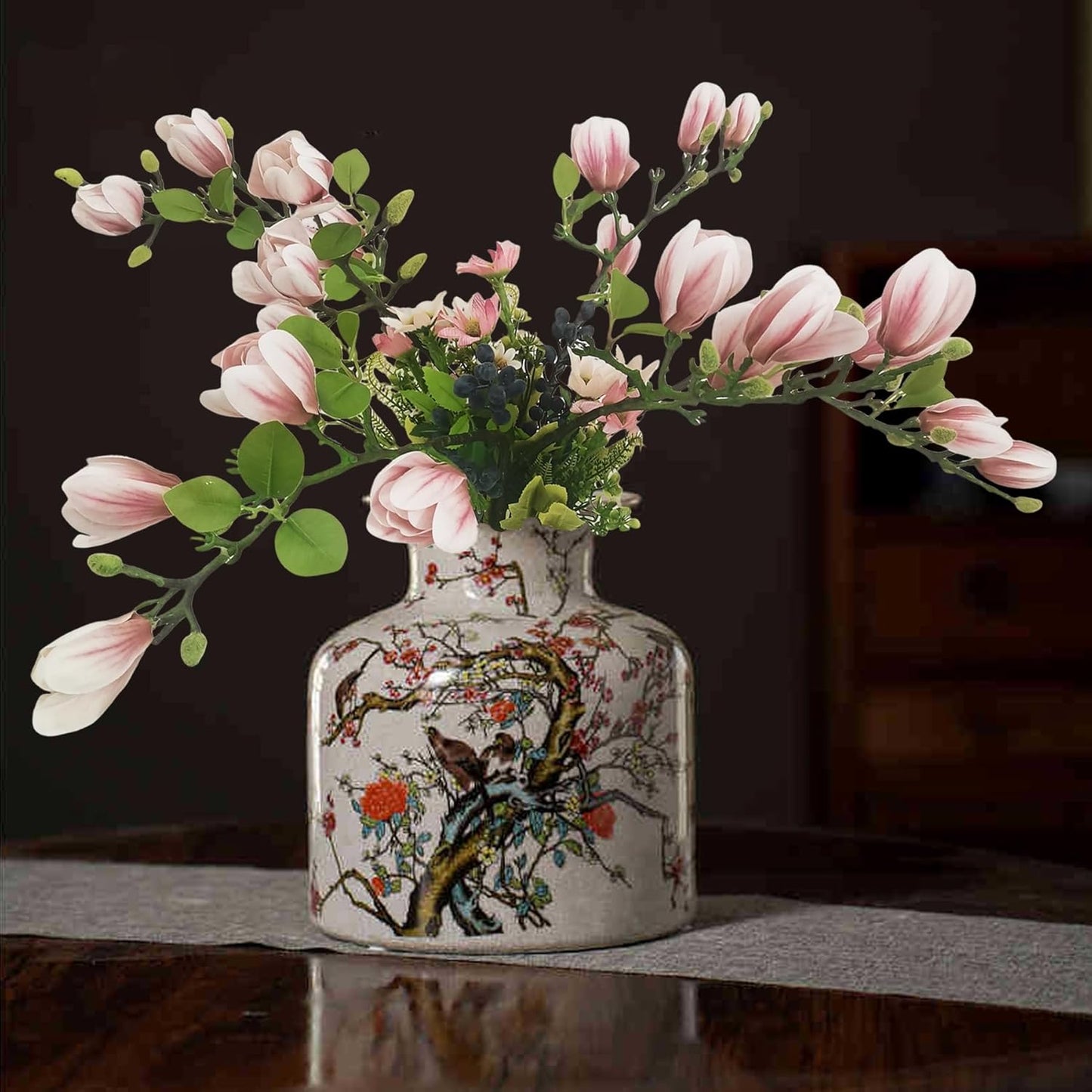 Magnolia Flowers Artificial Branches with Realistic Buds & Leaves | 26.5 Inch Fake Floral Stem for Premium Home Office Hotel Decor Decoration (6, 2Pink+2Purple+2Green)