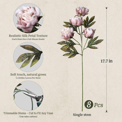 8 Pcs Artificial Peony Flowers, Faux Silk Peonies Stems with Distressed Leaves, Fade Resistant Floral Branches for Vase, DIY Bouquet, Home Decor Indoor Outdoor Wedding Table Centerpiece (Light Pink)