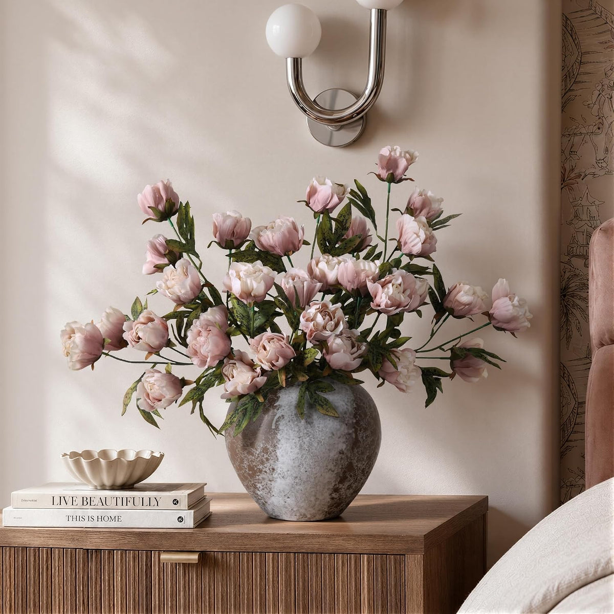 8 Pcs Artificial Peony Flowers, Faux Silk Peonies Stems with Distressed Leaves, Fade Resistant Floral Branches for Vase, DIY Bouquet, Home Decor Indoor Outdoor Wedding Table Centerpiece (Light Pink)