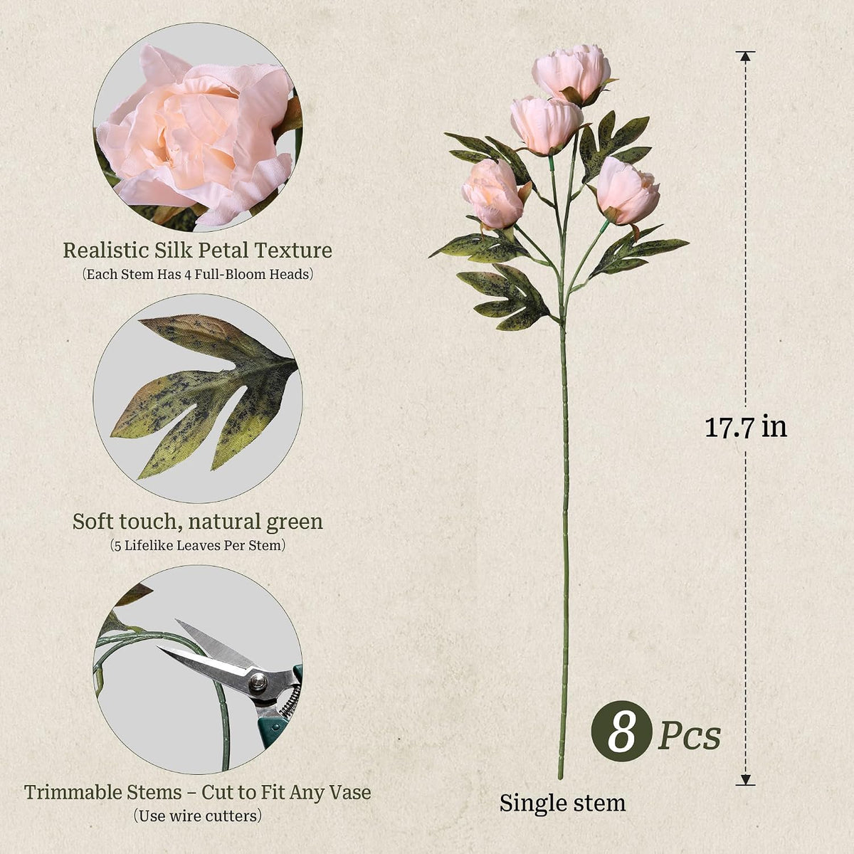 8 Pcs Artificial Peony Flowers, Faux Silk Peonies Stems with Distressed Leaves, Fade Resistant Floral Branches for Vase, DIY Bouquet, Home Decor Indoor Outdoor Wedding Table Centerpiece (Light Pink)