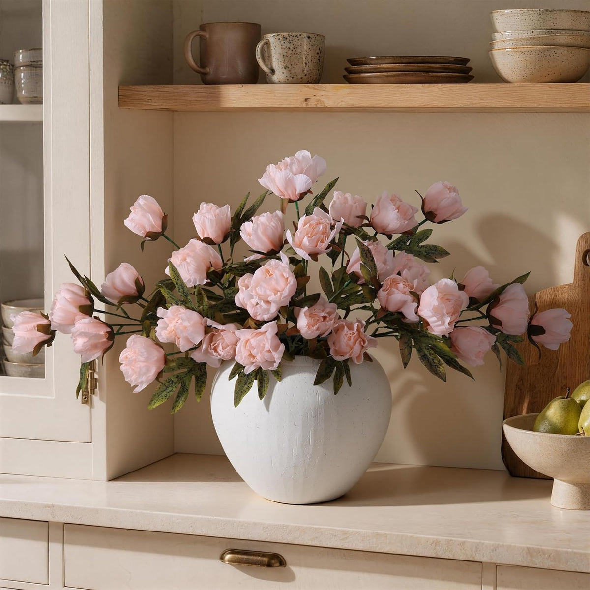 8 Pcs Artificial Peony Flowers, Faux Silk Peonies Stems with Distressed Leaves, Fade Resistant Floral Branches for Vase, DIY Bouquet, Home Decor Indoor Outdoor Wedding Table Centerpiece (Light Pink)
