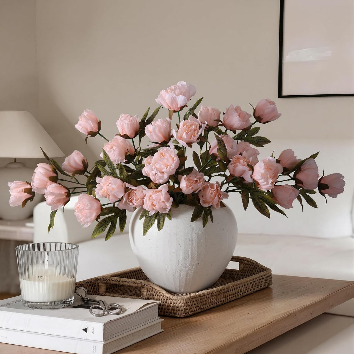 8 Pcs Artificial Peony Flowers, Faux Silk Peonies Stems with Distressed Leaves, Fade Resistant Floral Branches for Vase, DIY Bouquet, Home Decor Indoor Outdoor Wedding Table Centerpiece (Light Pink)