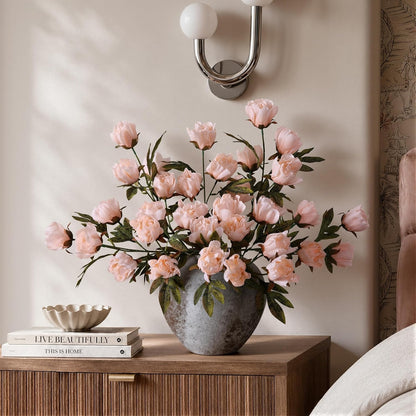 8 Pcs Artificial Peony Flowers, Faux Silk Peonies Stems with Distressed Leaves, Fade Resistant Floral Branches for Vase, DIY Bouquet, Home Decor Indoor Outdoor Wedding Table Centerpiece (Light Pink)