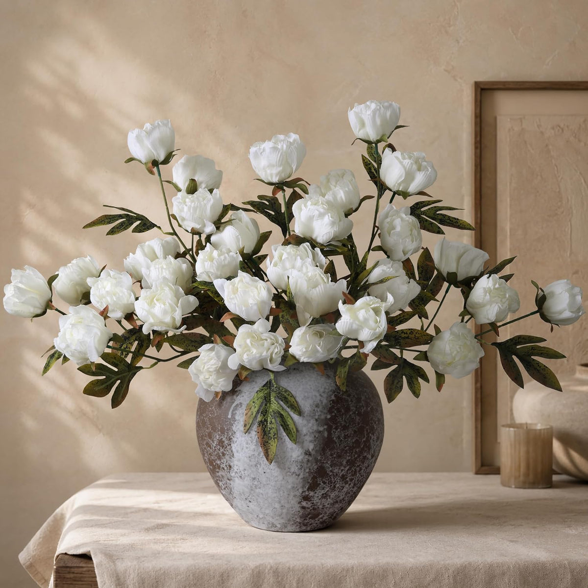 8 Pcs Artificial Peony Flowers, Faux Silk Peonies Stems with Distressed Leaves, Fade Resistant Floral Branches for Vase, DIY Bouquet, Home Decor Indoor Outdoor Wedding Table Centerpiece (Light Pink)