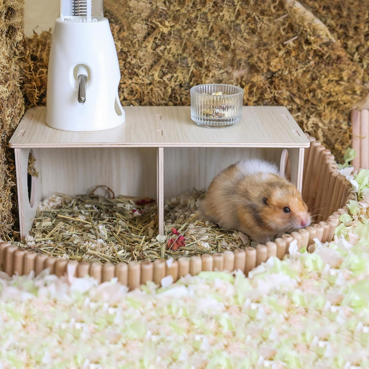 Hamster Peep Tunnel, 2-Chamber Wooden Hamster Hideout, Water-Resistant Platform for Dwarf Hamsters and Small Pets, 8.3" x 4.3" x 3.1"