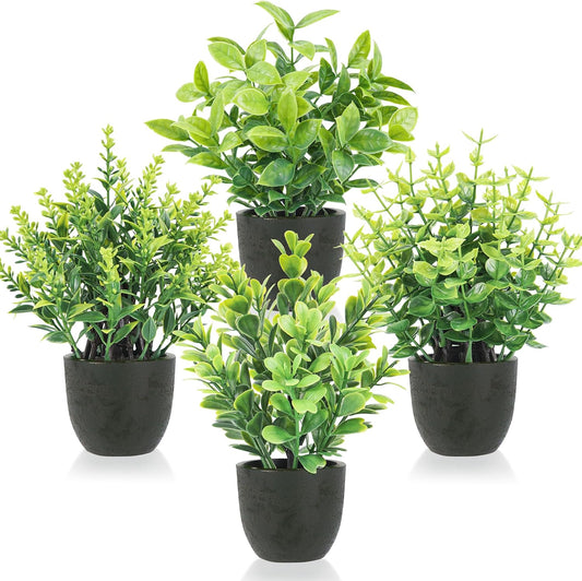 4 Pack Artificial Plants Indoor Fake Plants for Bathroom Decor | Cozy finished look, shelf tray kitchen office desk windowsill farmhouse decor, great gift, dust-resistant