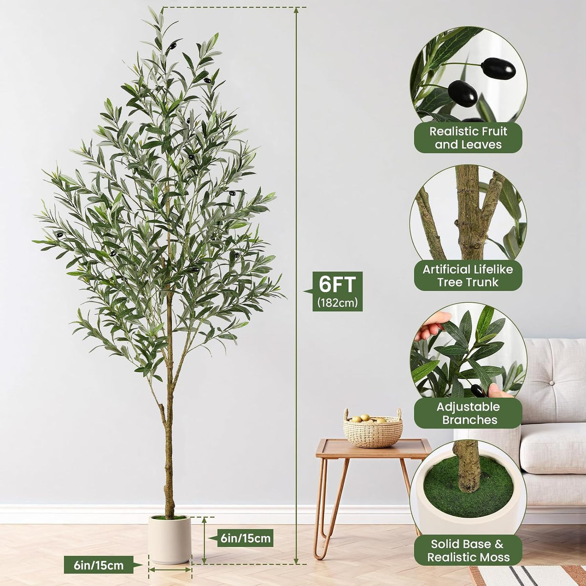 6FT Faux Olive Tree with Fruits White Pot, Indoor Home Decor