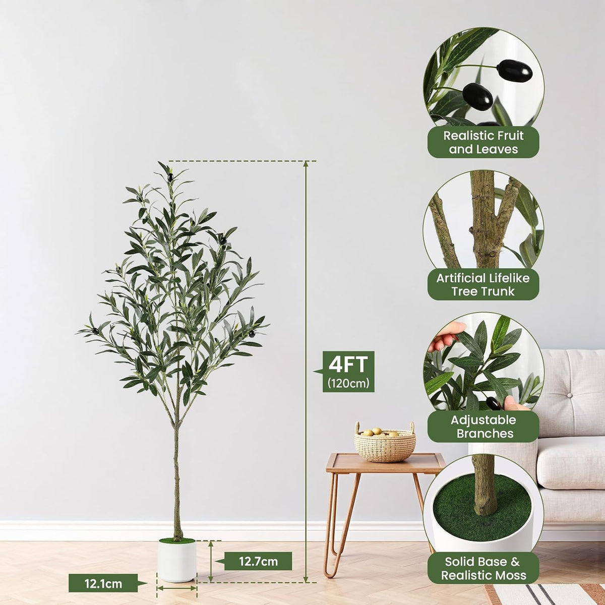 6FT Faux Olive Tree with Fruits White Pot, Indoor Home Decor