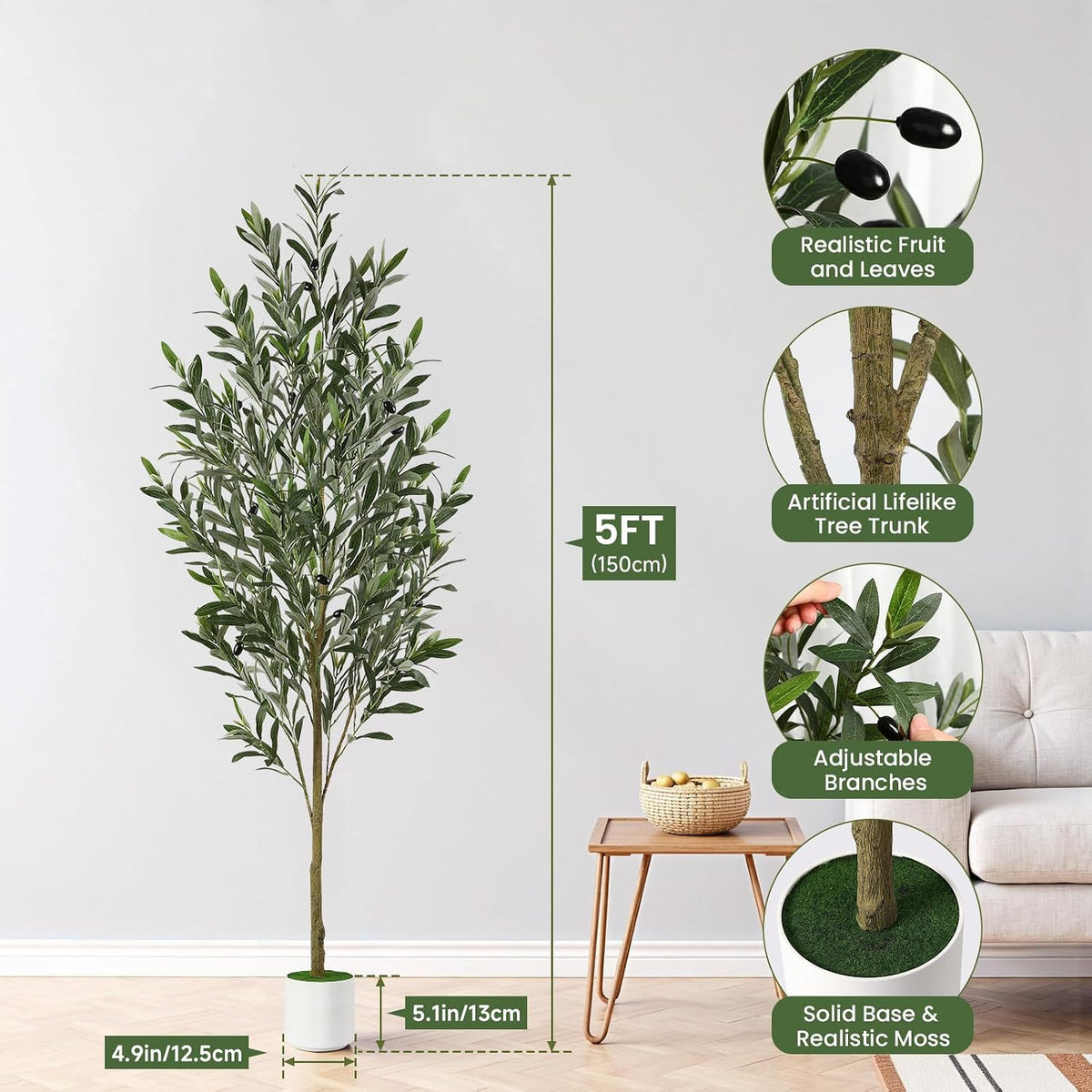 6FT Faux Olive Tree with Fruits White Pot, Indoor Home Decor