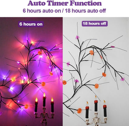 2026 Halloween Decor Lights 6.5 Ft 54 LED Willow Vine Twig with Timer Battery Operated Garland Light 18 LED Spiders and 36 Purple Lights Halloween Party Scary Decoration for Home Wall Fireplace
