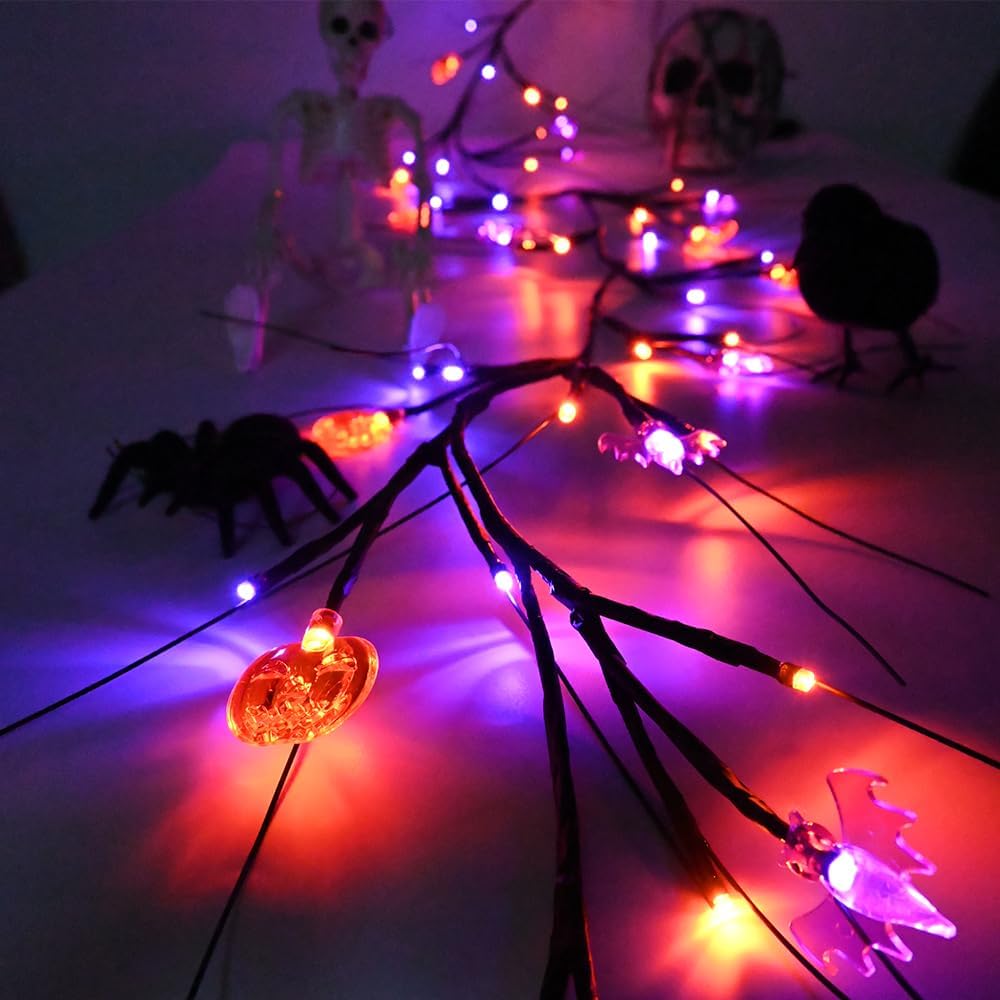 2026 Halloween Decor Lights 6.5 Ft 54 LED Willow Vine Twig with Timer Battery Operated Garland Light 18 LED Spiders and 36 Purple Lights Halloween Party Scary Decoration for Home Wall Fireplace